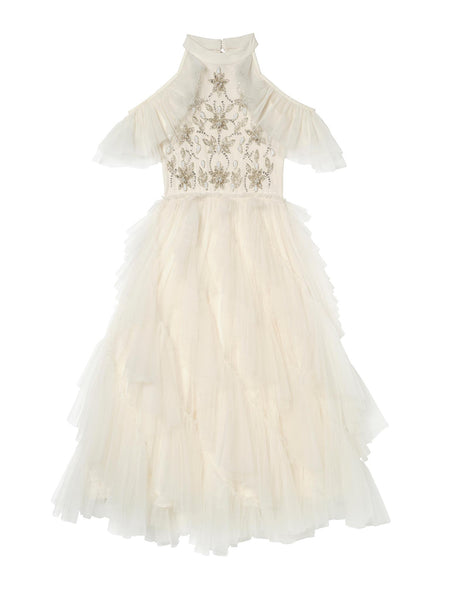 Tutu du Monde Girls Beaded Tulle Dress With Waterfall Ruffles Girls Kids 6-7 year Ivory Cotton By Childrensalon