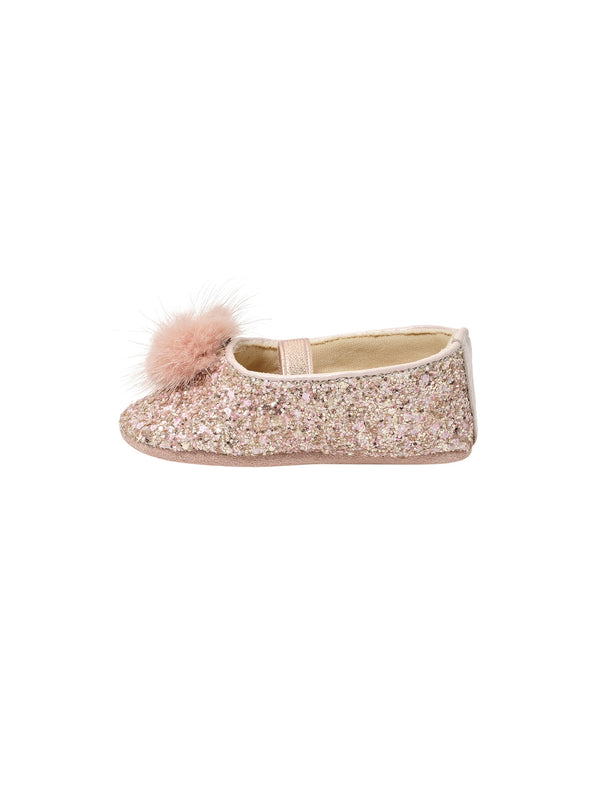 Pom Pom Embellished Glitter Fabric Ballerinas