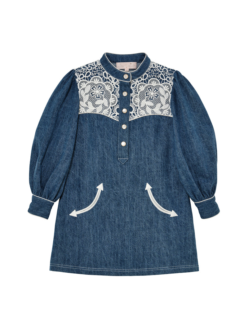 Daisy Lace Dress Mid Blue Wash / 12 Years / Shell: (100% Cotton Demin) + Poly Lace Daisy Lace Dress Mid Blue Wash / 12 Years / Shell: (100% Cotton Demin) + Poly Lace
