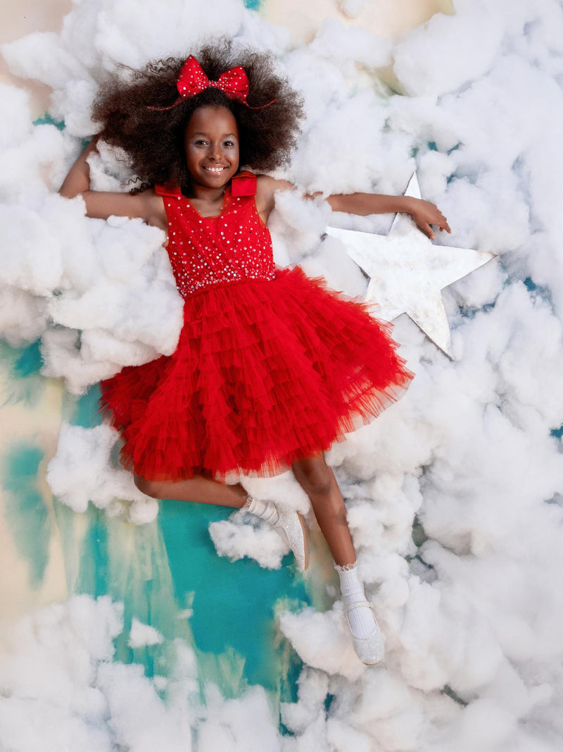 Tutu du Monde-Girls Red Embellished Sequined Tulle Tiered Dress