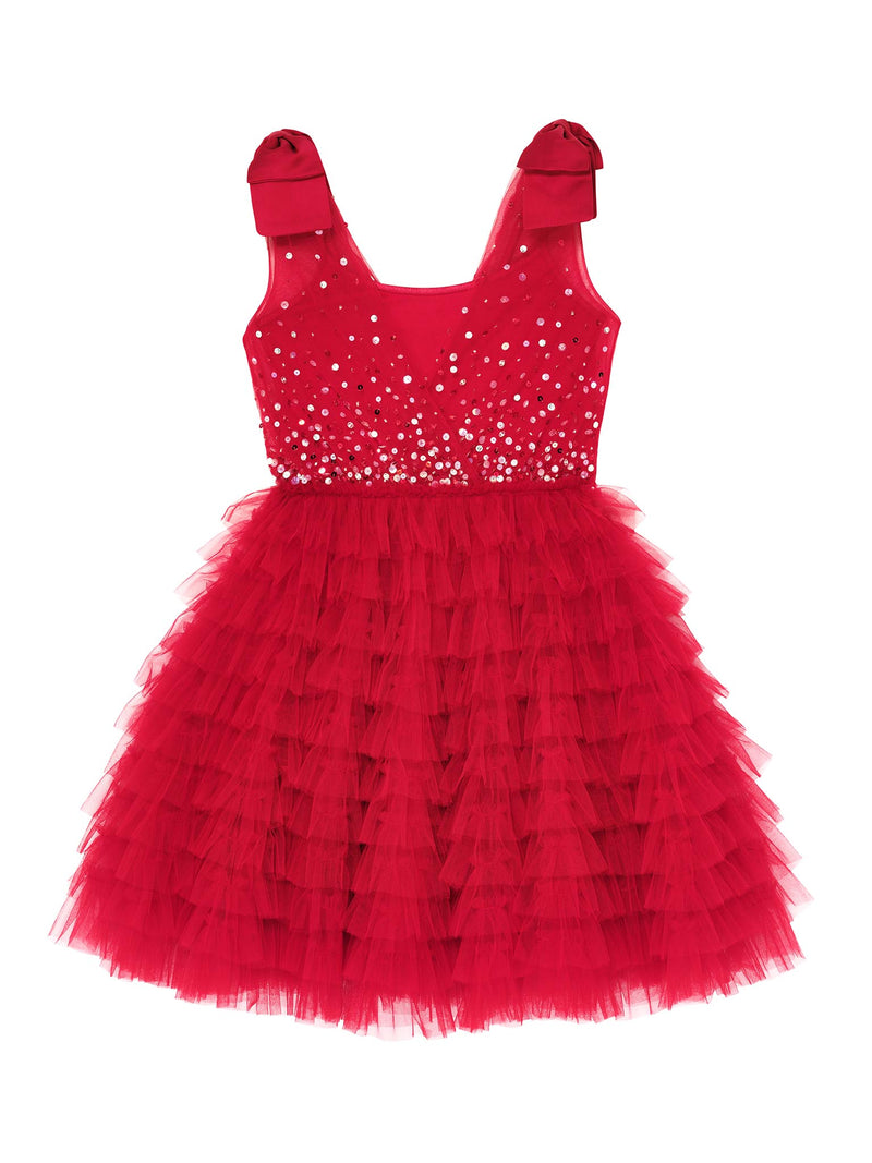 Tutu du Monde-Girls Red Embellished Sequined Tulle Tiered Dress