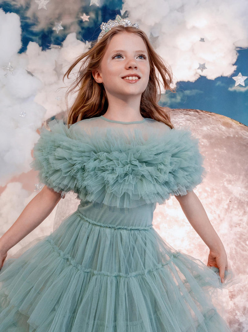 open lace back dress Tutu du Monde Girls Pale Tiered Tulle Maxi Dress with Ruffles Girls Kids 6-7 Year Green Cotton by Childrensalon