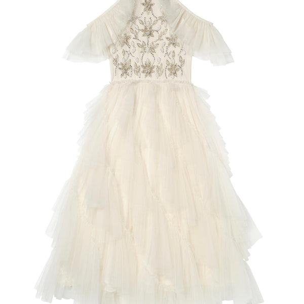 Tutu du Monde Girls Beaded Tulle Dress With Waterfall Ruffles Girls Kids 6-7 year Ivory Cotton By Childrensalon