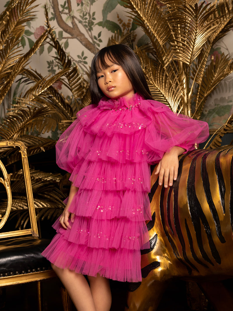 bright pink tutu dress Oyemwen Tiered High Low Tulle Maxi Tutu Dress Hot Pink as Worn by Joseline