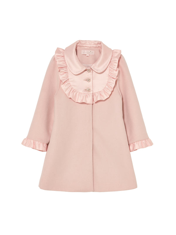 Pink coat with ruffled collar on a white background