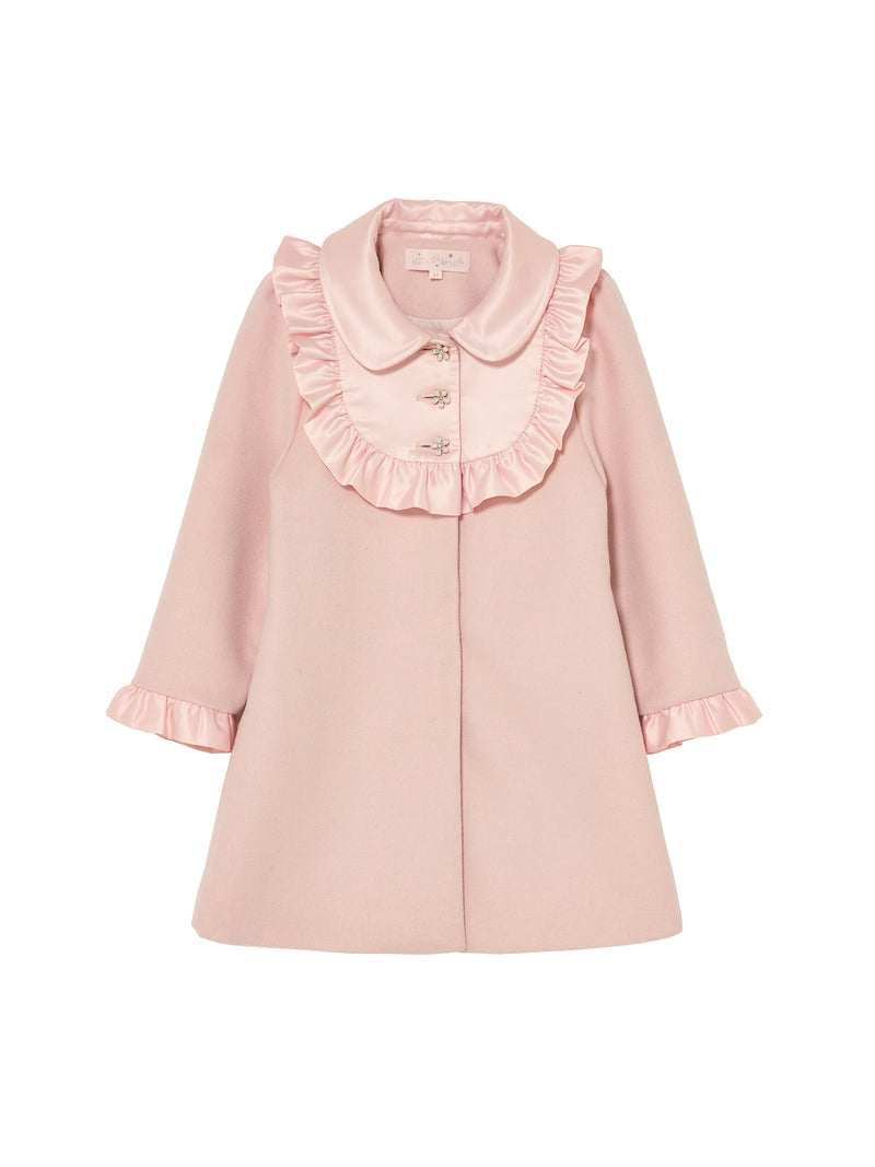 Pink coat with ruffled collar on a white background